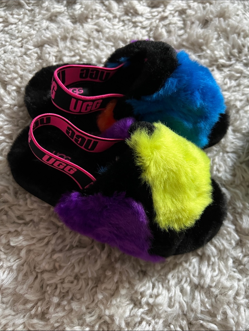 UGG Neon Patchwork Fur Slide Sandals - Black, Yellow, Blue, Purple, Pink